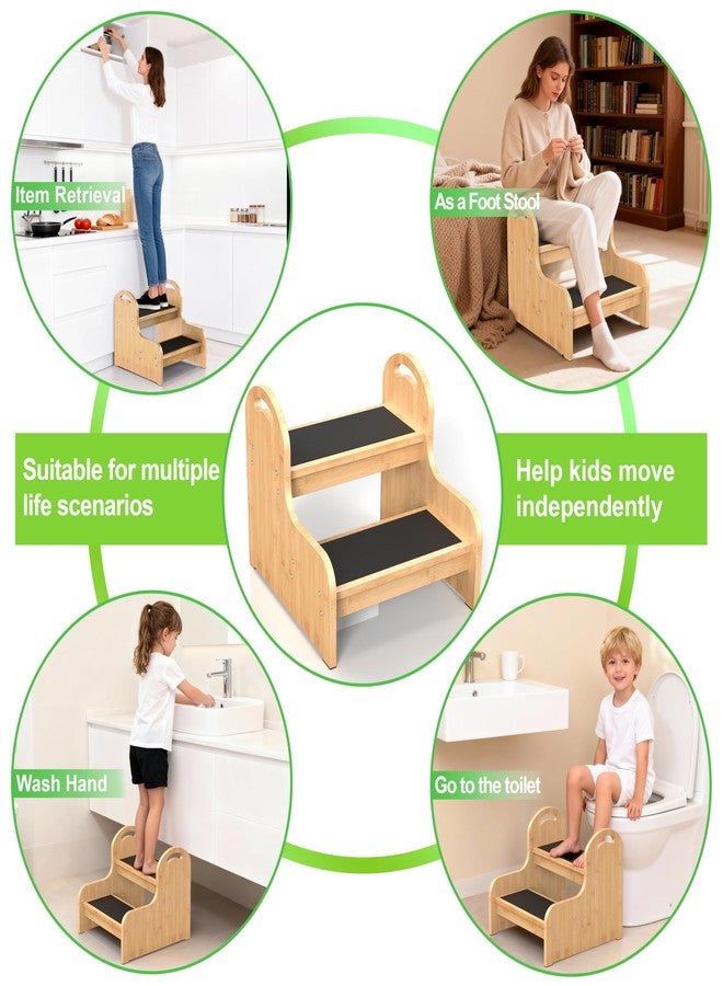 Mihoho 2 Step Wooden Step Stools for Adults Kids, Non-Slip Heavy Duty 2-Step Ladder, Toddler Stepping Stool for Bathroom Sink/Toilet/Kitchen/Bed (Bamboo) - Image 2