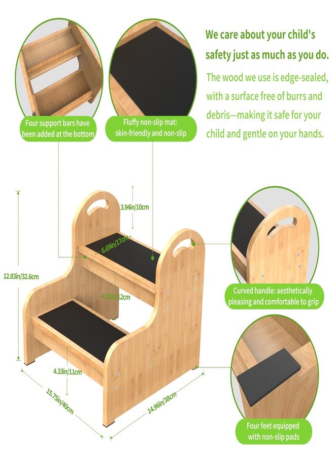 Mihoho 2 Step Wooden Step Stools for Adults Kids, Non-Slip Heavy Duty 2-Step Ladder, Toddler Stepping Stool for Bathroom Sink/Toilet/Kitchen/Bed (Bamboo) - Image 3