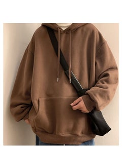 AutumnTrendy Brand Mens And Womens Loose Fit Fleece-Lined Plus Size Hooded Sweatshirt Solid Color Ins Korean Style Pullover Dark brown