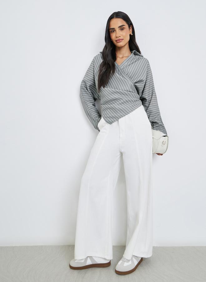 Styli Women Grey Striped Batwing Sleeves Wrap Top - Image 2