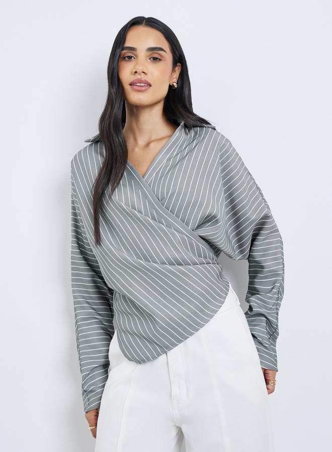Styli Women Grey Striped Batwing Sleeves Wrap Top - Image 1