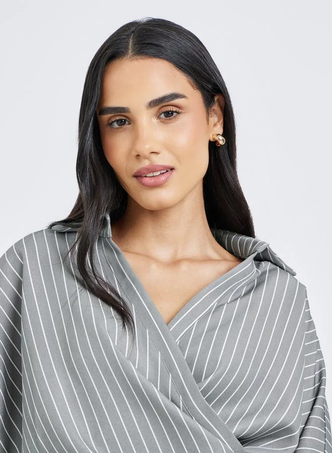 Styli  Styli Women Grey Striped Batwing Sleeves Wrap Top for Women | Best Price UAE