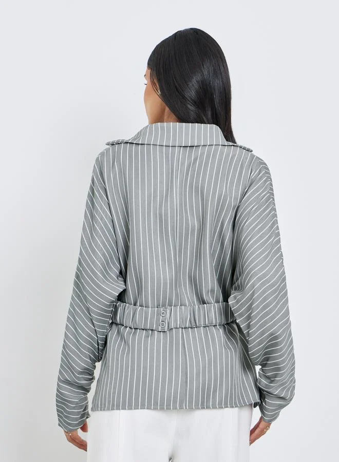 Styli  Styli Women Grey Striped Batwing Sleeves Wrap Top for Women | Best Price UAE