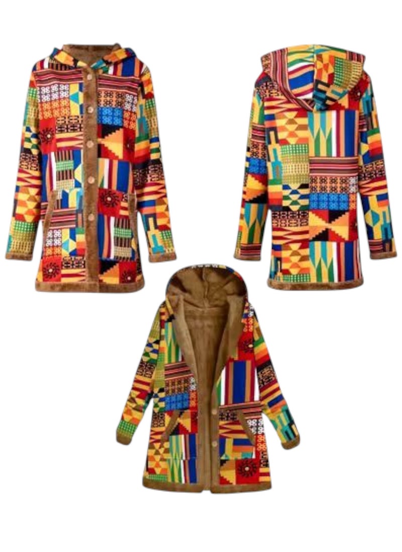 Jacket With Engraving Pattern Ancient Cultural Geography A Variety Of World Casual Patterns And Colors That Combine Ancient Heritage Civilizations In General In One Jacket Long Sleeves And Double Pockets Brown Lining With A Hat And Front Buttons Suitable For Winter Autumn And Spring Size XL