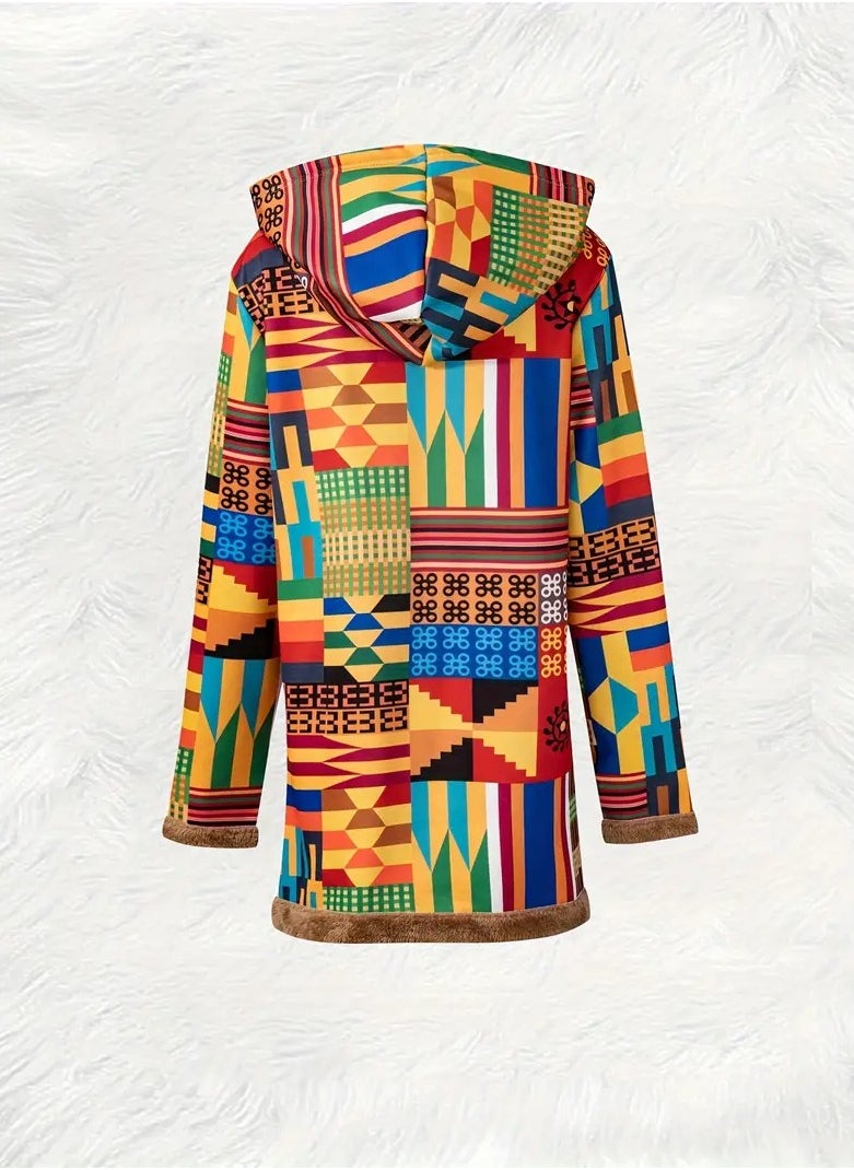 Generic - Jacket With Engraving Pattern Ancient Cultural Geography A Variety Of World Casual Patterns And Colors That Combine Ancient Heritage Civilizations In General In One Jacket Long Sleeves And Double Pockets Brown Lining With A Hat And Front Buttons Suitable For Winter Autumn And Spring Size XL - Image 1