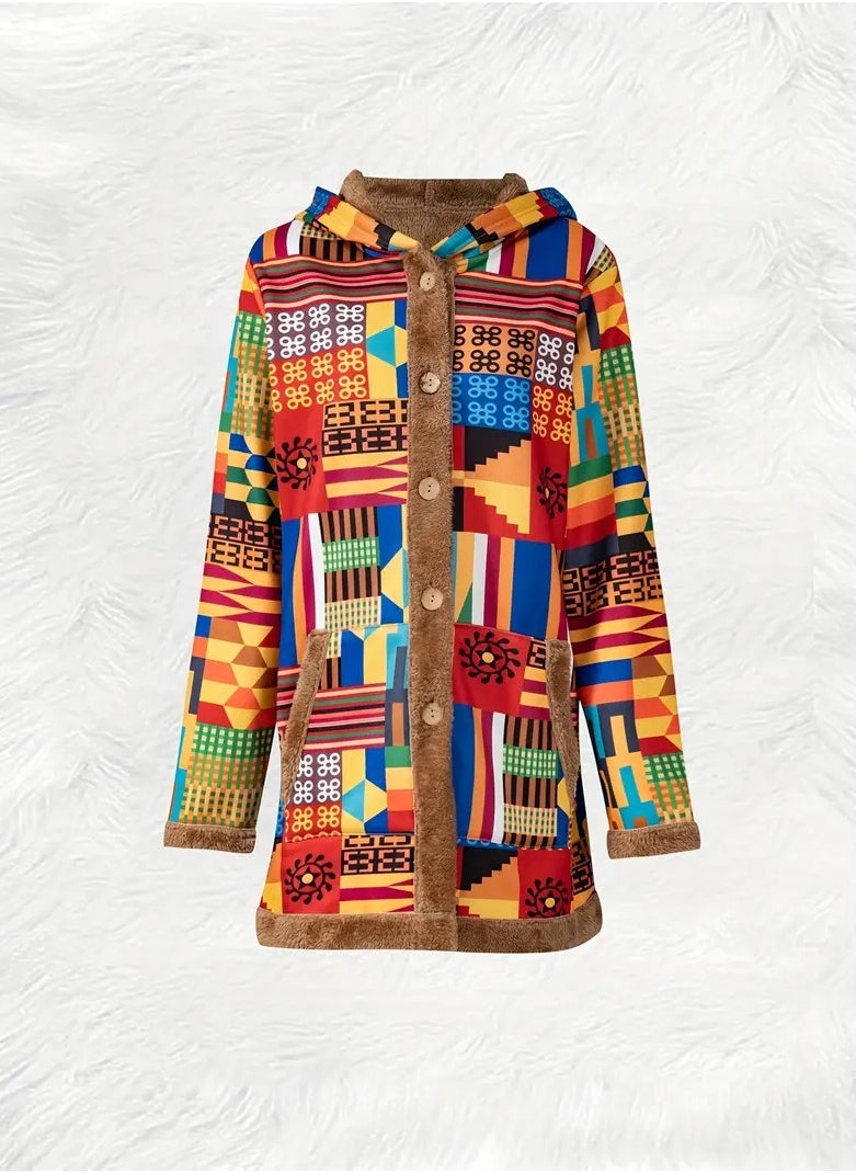 Generic - Jacket With Engraving Pattern Ancient Cultural Geography A Variety Of World Casual Patterns And Colors That Combine Ancient Heritage Civilizations In General In One Jacket Long Sleeves And Double Pockets Brown Lining With A Hat And Front Buttons Suitable For Winter Autumn And Spring Size XL - Image 1