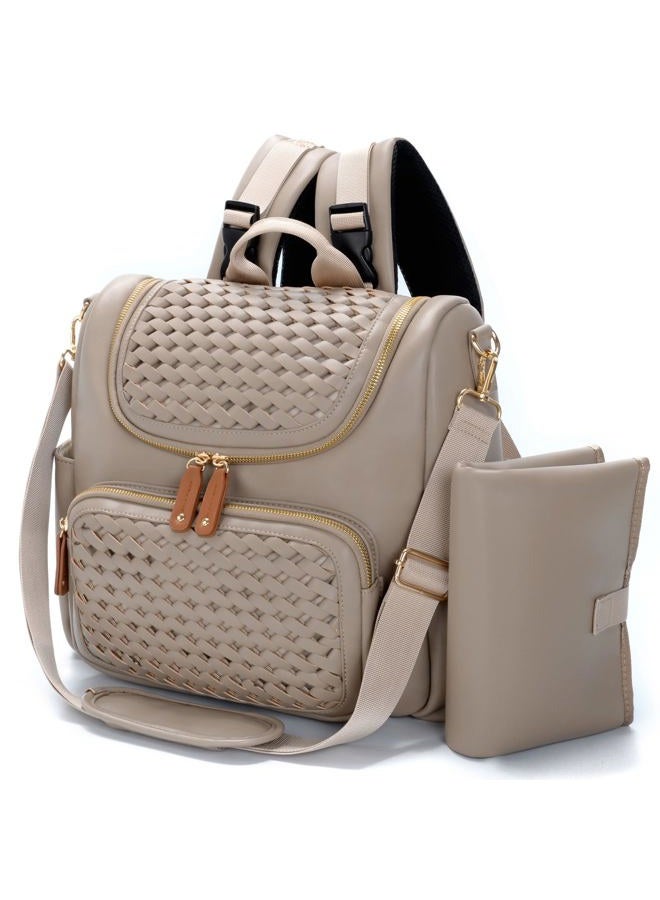 Minsong Diaper Bag Backpack, Small Diaper Backpack for Mom with Changing Station, Stylish Vegan Leather Travel Diaper Nappy Bags (Khaki) - Image 1
