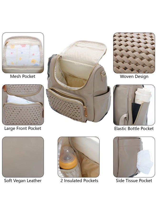 Minsong Diaper Bag Backpack, Small Diaper Backpack for Mom with Changing Station, Stylish Vegan Leather Travel Diaper Nappy Bags (Khaki) - Image 3