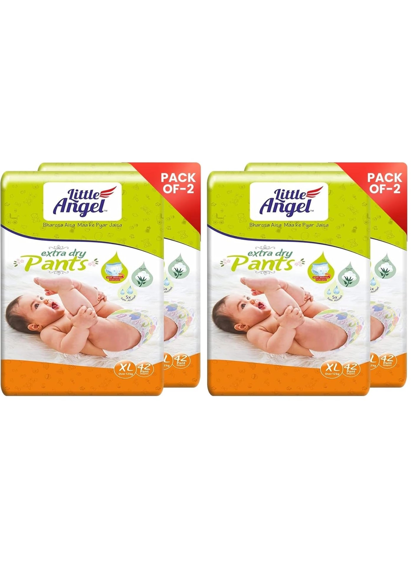 Little Angel Extra Dry Baby Pants Diaper, Extra Large (XL) Size, 168 Count, Super Absorbent Core Up to 12 Hrs Protection & Wetness Indicator, Pack of 4, 42 count/pack, Over 12kg