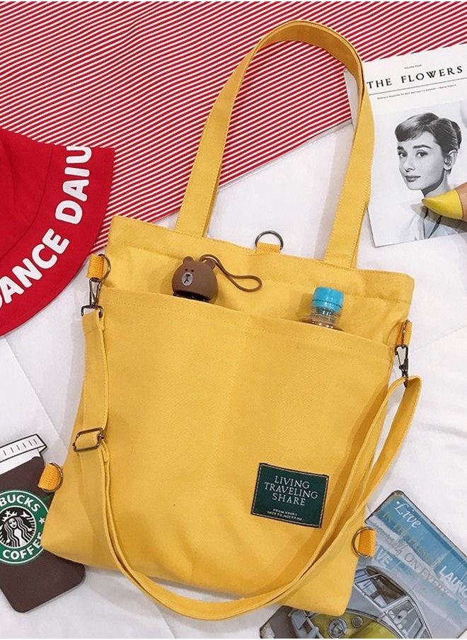 Joychic - Casual Canvas Shoulder Bag Multifunction Large Capacity College Students Backpack Foldable Lightweight Tote Bag Yellow - Image 1