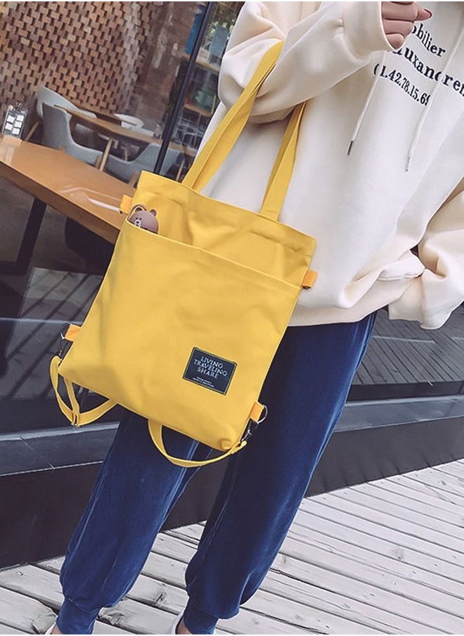 Joychic - Casual Canvas Shoulder Bag Multifunction Large Capacity College Students Backpack Foldable Lightweight Tote Bag Yellow - Image 1