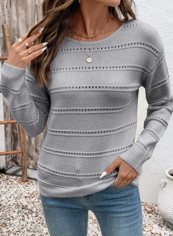 Shein Women's Sweaters Boat Neck Crochet Long Sleeve Sweater Lightweight Knit Tops Shirts Loose Fit, Gray, M - Image 5