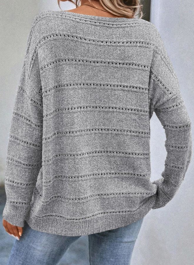 Shein Women's Sweaters Boat Neck Crochet Long Sleeve Sweater Lightweight Knit Tops Shirts Loose Fit, Gray, M - Image 3