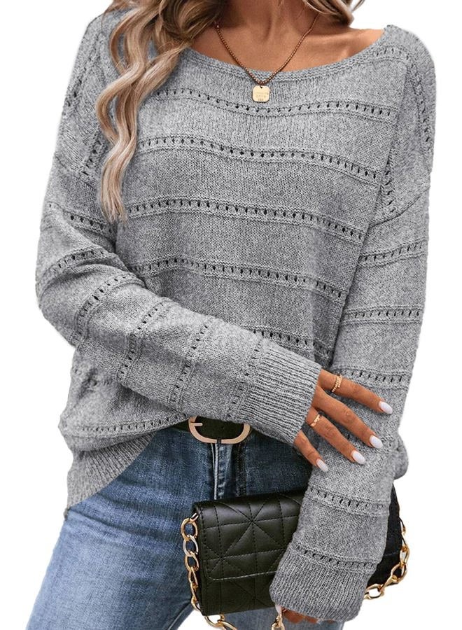 Shein Women's Sweaters Boat Neck Crochet Long Sleeve Sweater Lightweight Knit Tops Shirts Loose Fit, Gray, M - Image 1