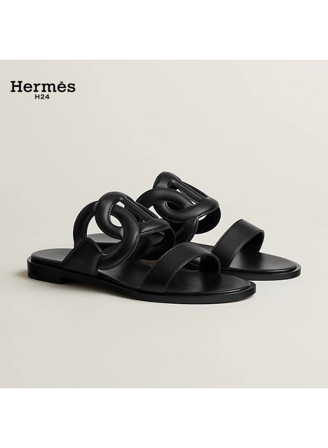 Hermes H24 صندل هيرميس H24 لاغون من جلد النابا، مفتوح من الأمام، بكعب 1 سم، للنساء، أسود - Image 1