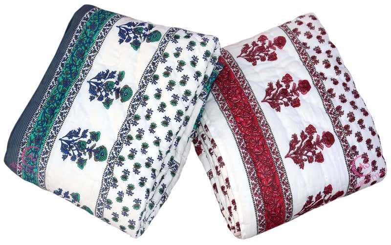 EMIOUR Jaipuri Razai Single Bed Cotton Quilt Razai Jaipuri Light Weight Pure Cotton Traditional Rajasthani Print Single Bed QuiltRazaiRajai Multicolor Butti Print Single Bed Set of 2  - Image 2