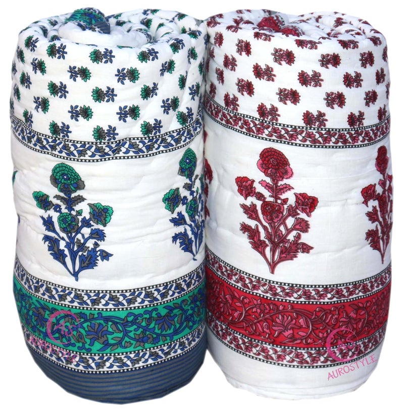 EMIOUR Jaipuri Razai Single Bed Cotton Quilt Razai Jaipuri Light Weight Pure Cotton Traditional Rajasthani Print Single Bed QuiltRazaiRajai Multicolor Butti Print Single Bed Set of 2  - Image 1