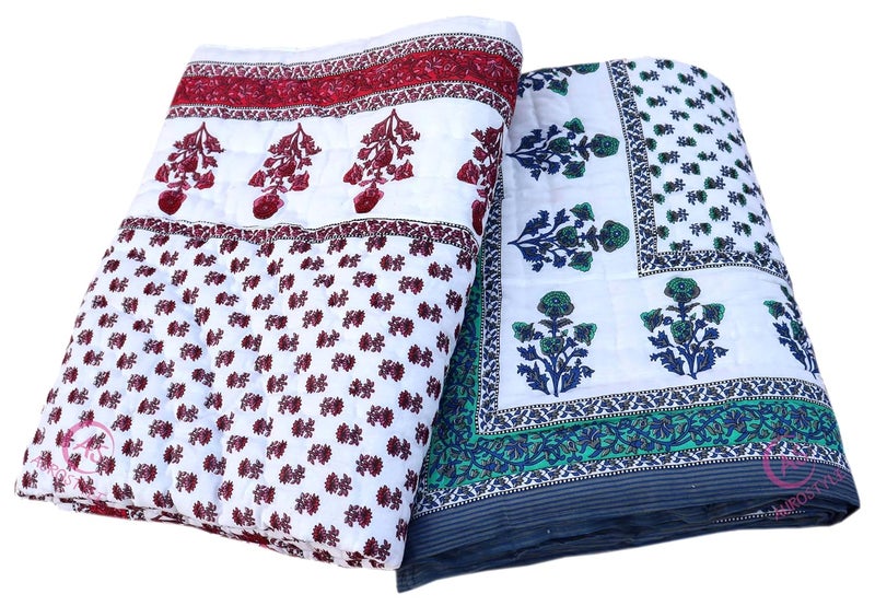EMIOUR Jaipuri Razai Single Bed Cotton Quilt Razai Jaipuri Light Weight Pure Cotton Traditional Rajasthani Print Single Bed QuiltRazaiRajai Multicolor Butti Print Single Bed Set of 2  - Image 3