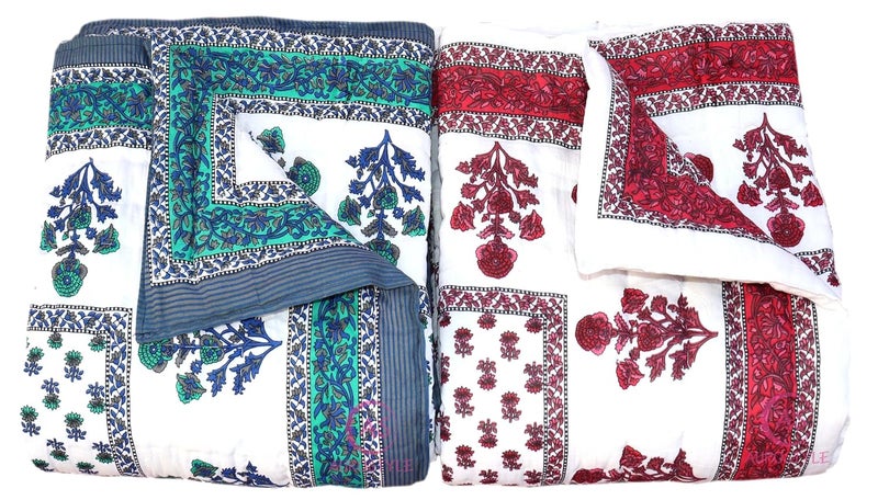 EMIOUR Jaipuri Razai Single Bed Cotton Quilt Razai Jaipuri Light Weight Pure Cotton Traditional Rajasthani Print Single Bed QuiltRazaiRajai Multicolor Butti Print Single Bed Set of 2  - Image 4