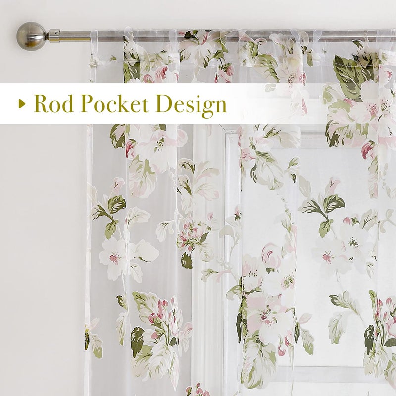 BROSHAN Floral Print Sheer Room Curtains  Pretty Pink Flower Curtain Sheers Sage Green Leaves Pattern Bedroom Curtain Set of 2 Botanical Voile Tulle Window Curtain Panels Rod Pocket - Image 5