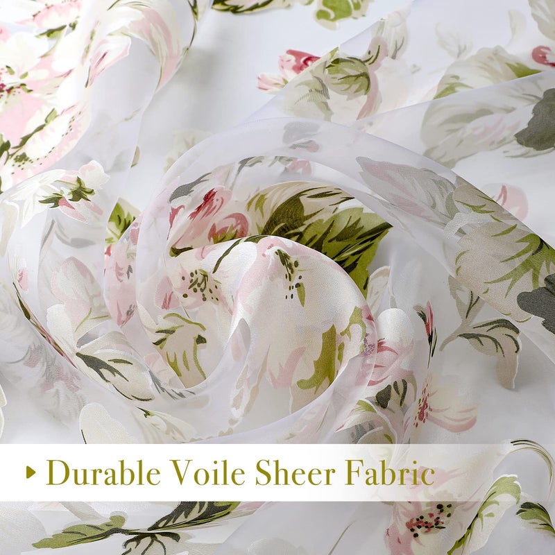 BROSHAN Floral Print Sheer Room Curtains  Pretty Pink Flower Curtain Sheers Sage Green Leaves Pattern Bedroom Curtain Set of 2 Botanical Voile Tulle Window Curtain Panels Rod Pocket - Image 4