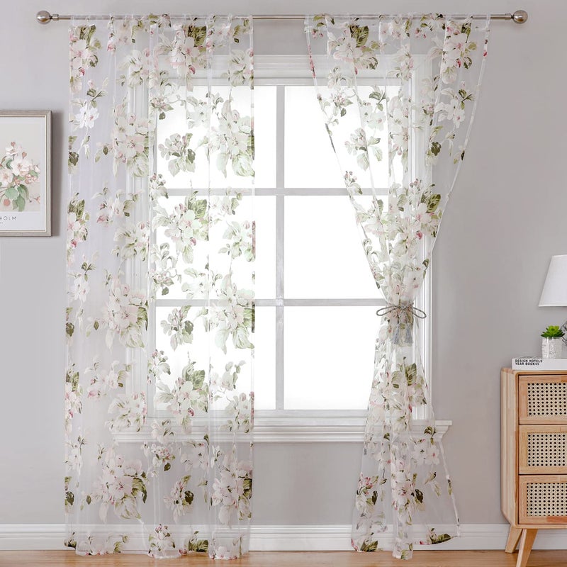 BROSHAN Floral Print Sheer Room Curtains  Pretty Pink Flower Curtain Sheers Sage Green Leaves Pattern Bedroom Curtain Set of 2 Botanical Voile Tulle Window Curtain Panels Rod Pocket - Image 3