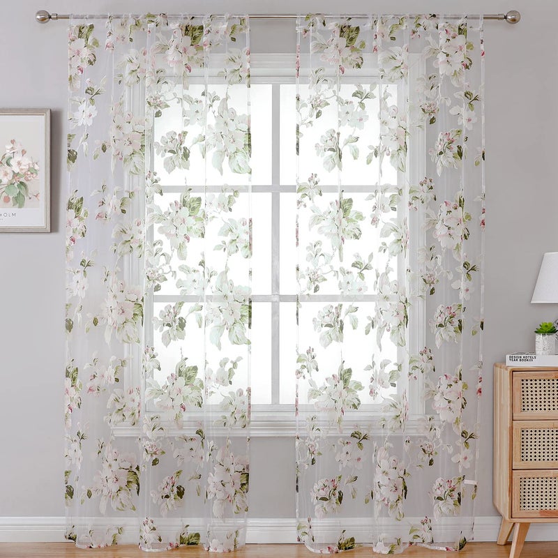 BROSHAN Floral Print Sheer Room Curtains  Pretty Pink Flower Curtain Sheers Sage Green Leaves Pattern Bedroom Curtain Set of 2 Botanical Voile Tulle Window Curtain Panels Rod Pocket - Image 2