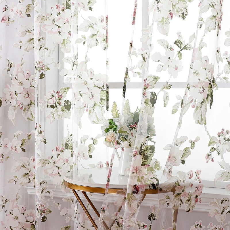 BROSHAN Floral Print Sheer Room Curtains  Pretty Pink Flower Curtain Sheers Sage Green Leaves Pattern Bedroom Curtain Set of 2 Botanical Voile Tulle Window Curtain Panels Rod Pocket - Image 1