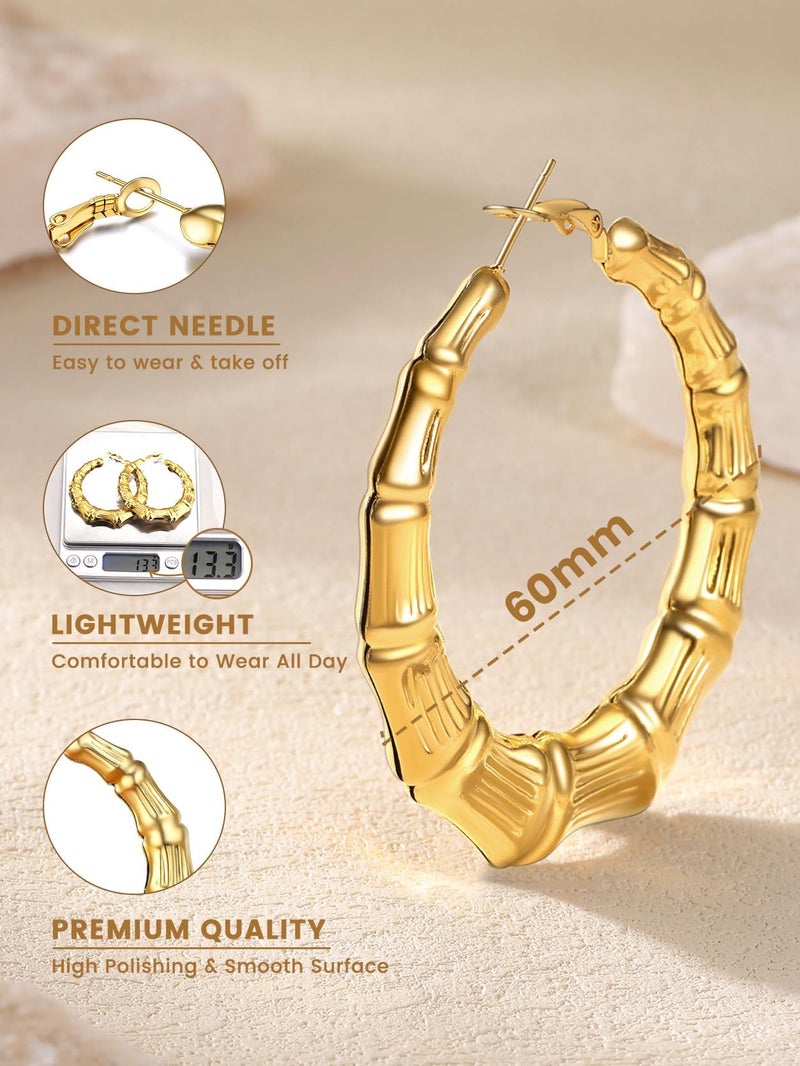 KeyStyle 14K Gold Plated Hoop Earrings for Women 90S Dress, Stainless Steel Post Lightweight Bamboo Hoops Round Hoop Earrings, 60 mm Classic Earring Loop for Mother Wife - Image 4