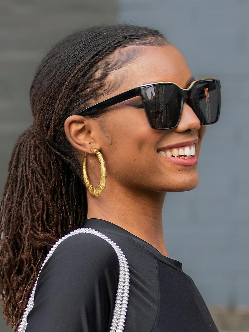 KeyStyle 14K Gold Plated Hoop Earrings for Women 90S Dress, Stainless Steel Post Lightweight Bamboo Hoops Round Hoop Earrings, 60 mm Classic Earring Loop for Mother Wife - Image 3
