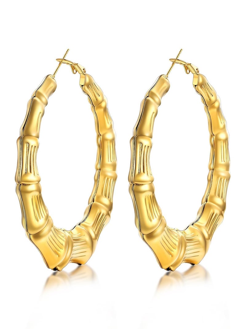 KeyStyle 14K Gold Plated Hoop Earrings for Women 90S Dress, Stainless Steel Post Lightweight Bamboo Hoops Round Hoop Earrings, 60 mm Classic Earring Loop for Mother Wife - Image 1