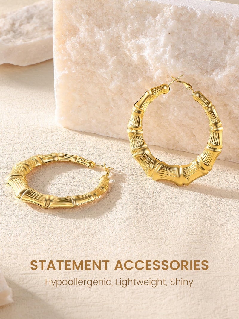 KeyStyle 14K Gold Plated Hoop Earrings for Women 90S Dress, Stainless Steel Post Lightweight Bamboo Hoops Round Hoop Earrings, 60 mm Classic Earring Loop for Mother Wife - Image 5