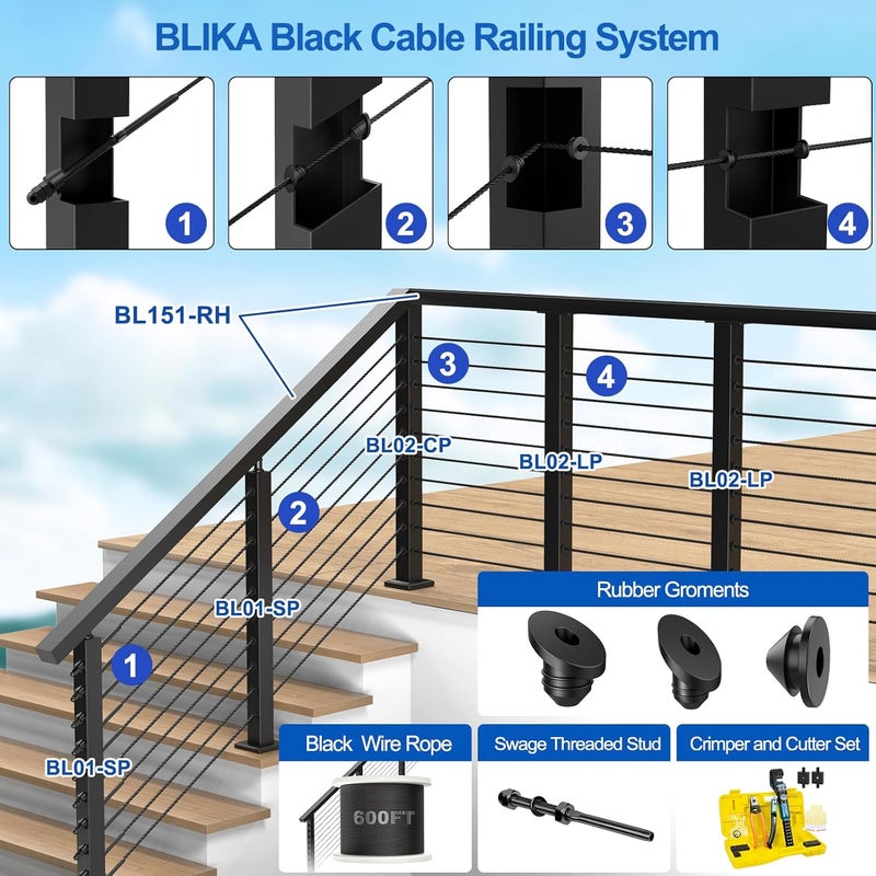 BLIKA 36" Level Drilled Cable Railing Post(Post 35"x2"x2"), Flat Top Surface Mount Deck Post, Stainless Steel Black Powder Coated Finish Cable Handrail Post for Deck Railing, BL02-LP - Image 5
