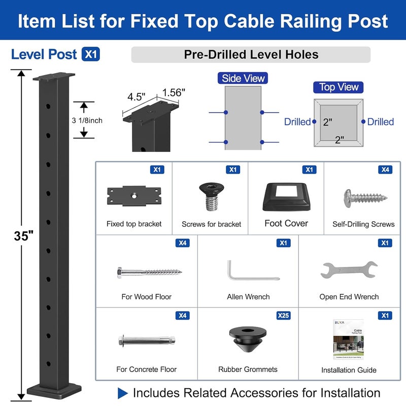 BLIKA 36" Level Drilled Cable Railing Post(Post 35"x2"x2"), Flat Top Surface Mount Deck Post, Stainless Steel Black Powder Coated Finish Cable Handrail Post for Deck Railing, BL02-LP - Image 2