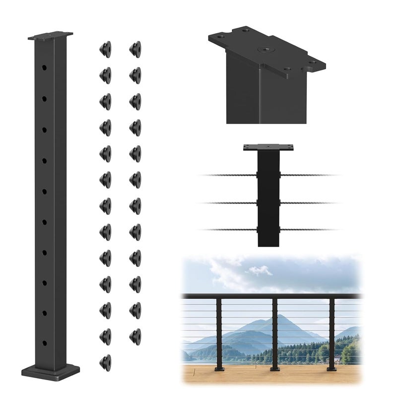 BLIKA 36" Level Drilled Cable Railing Post(Post 35"x2"x2"), Flat Top Surface Mount Deck Post, Stainless Steel Black Powder Coated Finish Cable Handrail Post for Deck Railing, BL02-LP - Image 1
