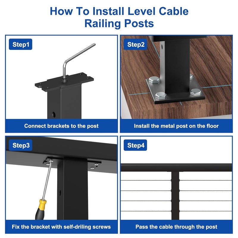 BLIKA 36" Level Drilled Cable Railing Post(Post 35"x2"x2"), Flat Top Surface Mount Deck Post, Stainless Steel Black Powder Coated Finish Cable Handrail Post for Deck Railing, BL02-LP - Image 3