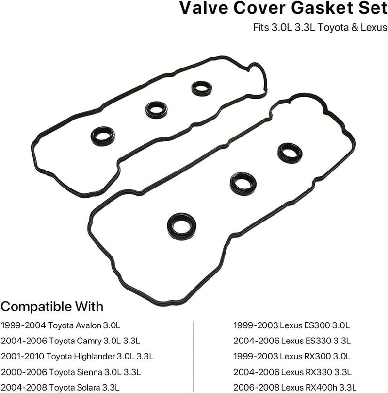 MNJWS Valve Cover Gasket Set - Compatible with 3.0L 3.3L Toyota Camry, Avalon, Sienna, Highlander, Solara, Lexus ES300, ES330, RX300, RX330, RX400h - Replace VS50588R, VS50515R, 11214-0A010, 11213-0A010 - Image 2