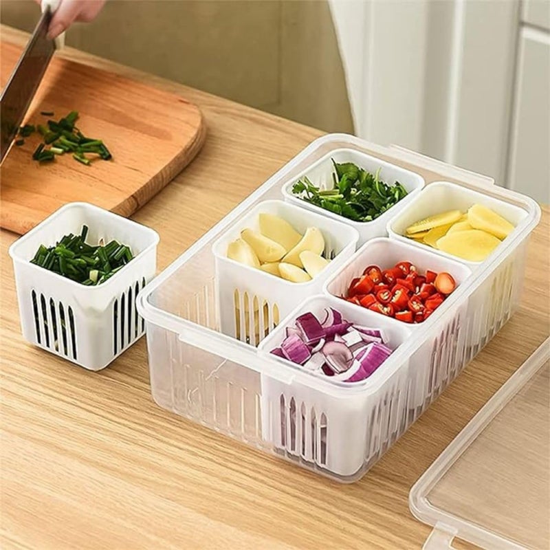 HELOVIA HELOVIA Refrigerator Storage Containers with 6 Drain Basket Fridge Storage Containers Fridge Organizer for Kitchen Fridge Storage Boxes Keep Fresh Chopped Green Ginger Garlic and Vegetables  - Image 3