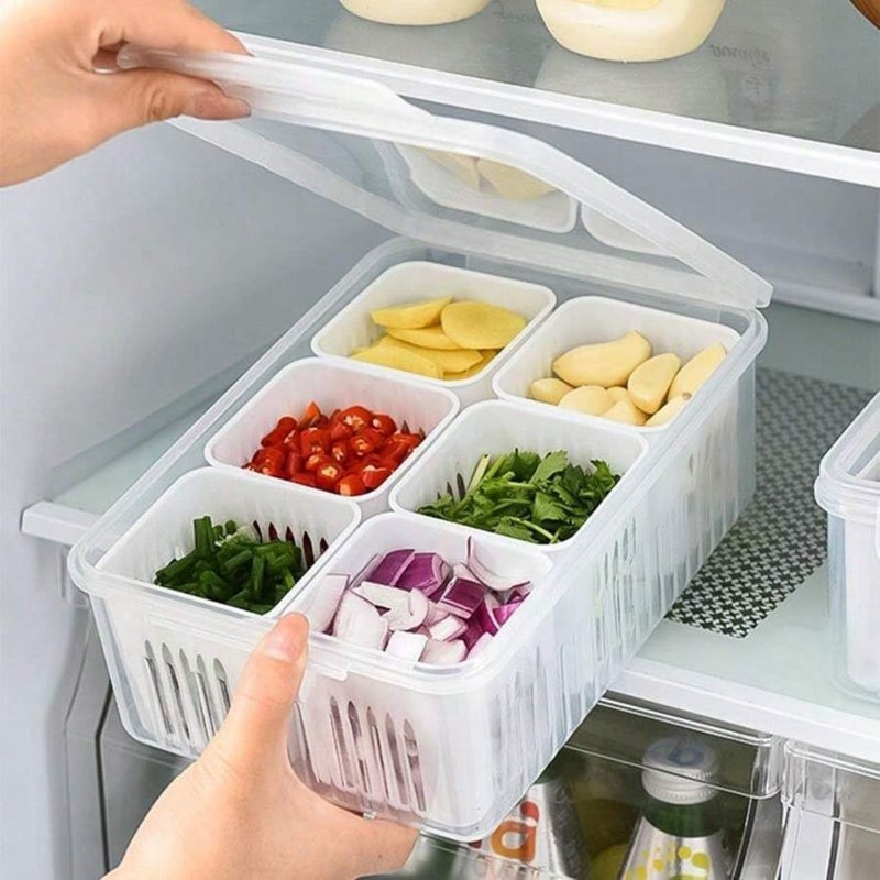 HELOVIA HELOVIA Refrigerator Storage Containers with 6 Drain Basket Fridge Storage Containers Fridge Organizer for Kitchen Fridge Storage Boxes Keep Fresh Chopped Green Ginger Garlic and Vegetables  - Image 1