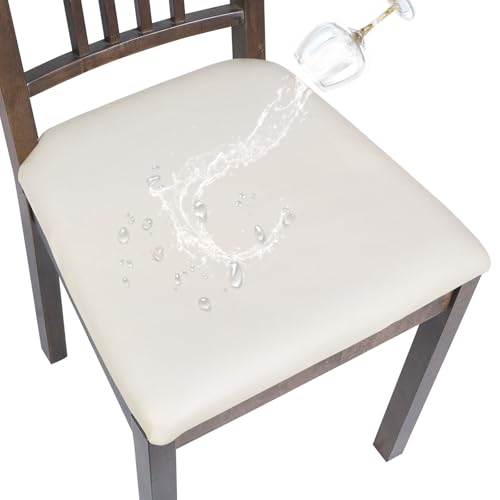 SearchI Waterproof PU Leather Seat Covers for Dining Chairs 4 Pack Stretch Dining Room Chair Seat Covers Kitchen Chair Seat Covers Protectors Cream - Image 1