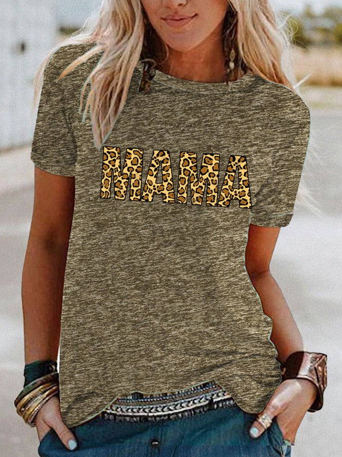 wish leopard print MAMA pattern print contrast color short sleeve t-shirt for women - Image 3