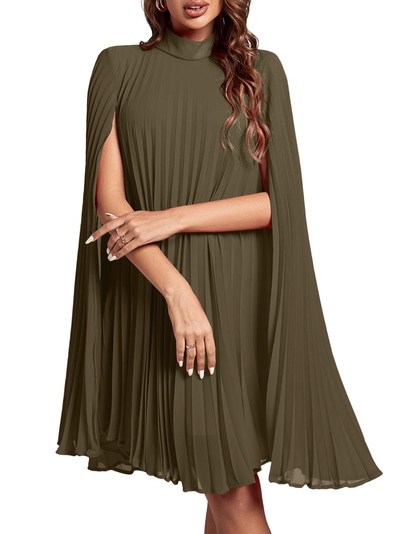 Rooscier Women's Pleated Mock Neck Cloak Sleeve Keyhole Back Flowy Party Midi Dress Plain Army Green Medium - Image 1