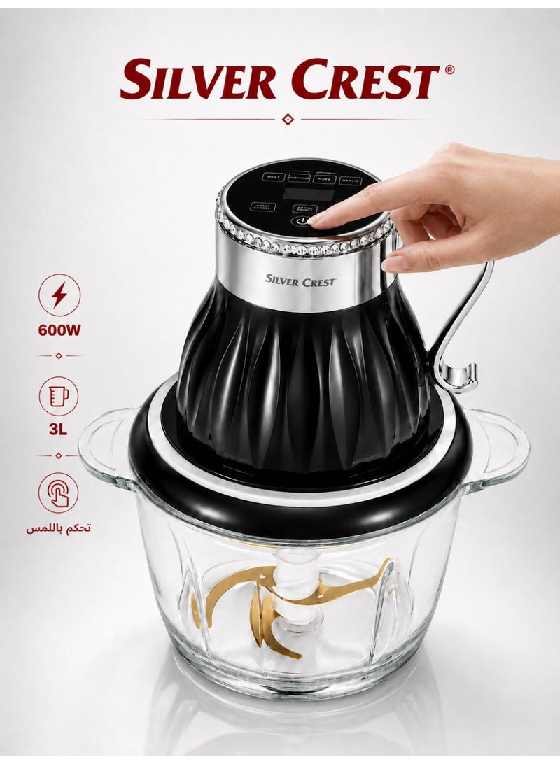 Silver Crest Food Chopper With Touch Screen and 3L Glass Bowl, 600W, Black/Clear - Image 1