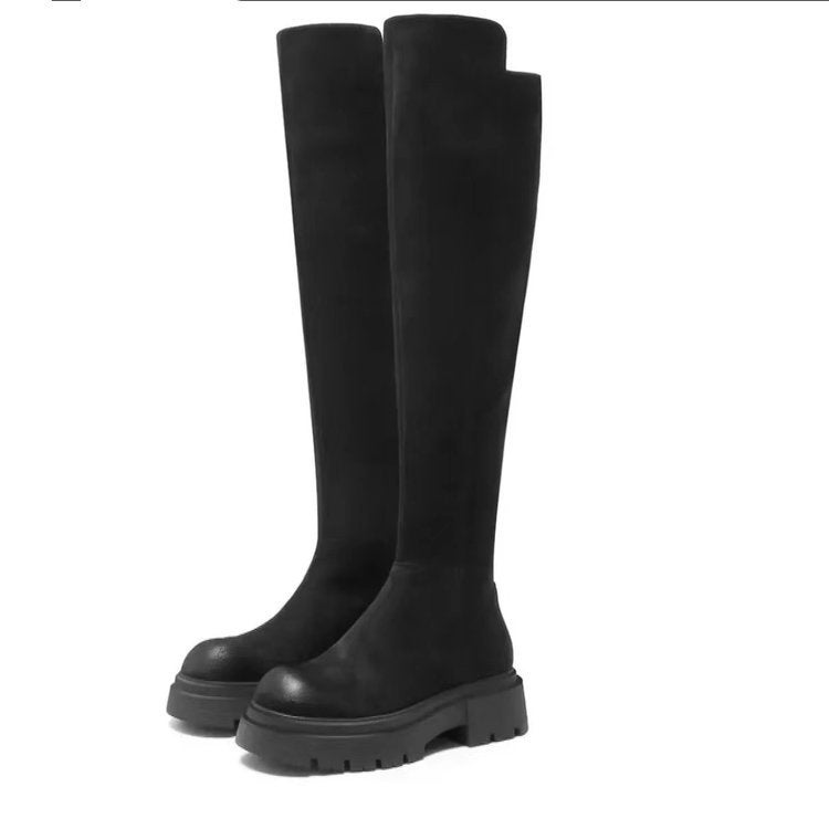 Retro Thigh-High Boots Slim Stretch for Petite Women Black fleece-lined 