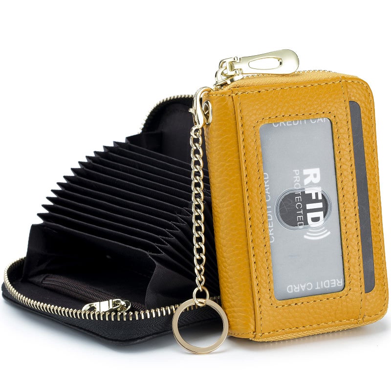 imeetu RFID Credit Card Wallet, Genuine Leather Zipper Card Case Holder with Removable Keychain(Pro - Yellow) - Image 1