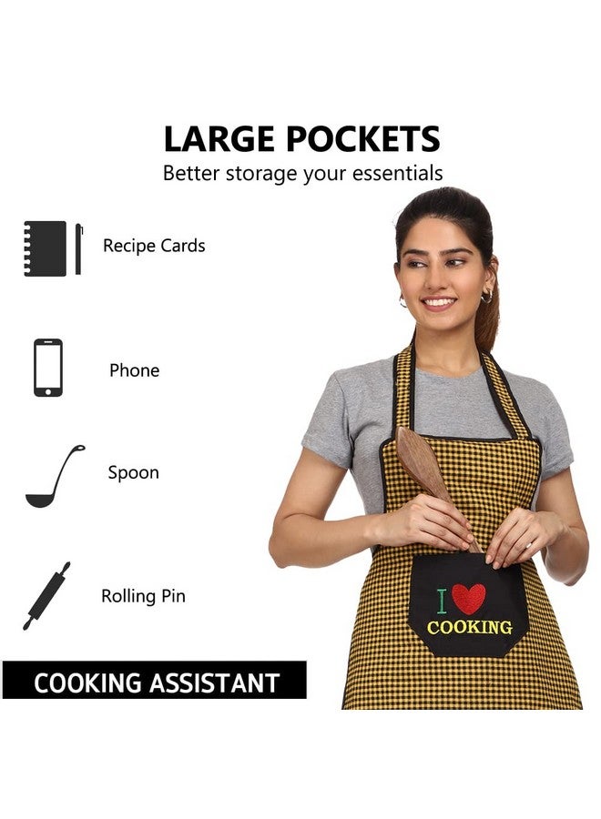 JMi Cotton Checkered Design Waterproof Apron with Multipurpose Front Large Embroidered Pocket Pack of 2 (BLUE YELLOW) - Image 2