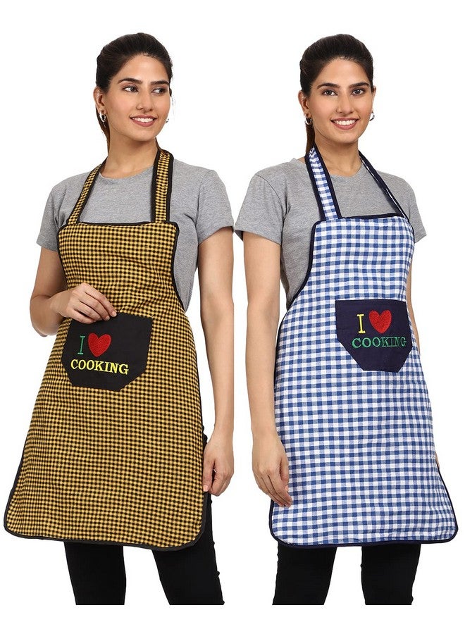 JMi Cotton Checkered Design Waterproof Apron with Multipurpose Front Large Embroidered Pocket Pack of 2 (BLUE YELLOW) - Image 1