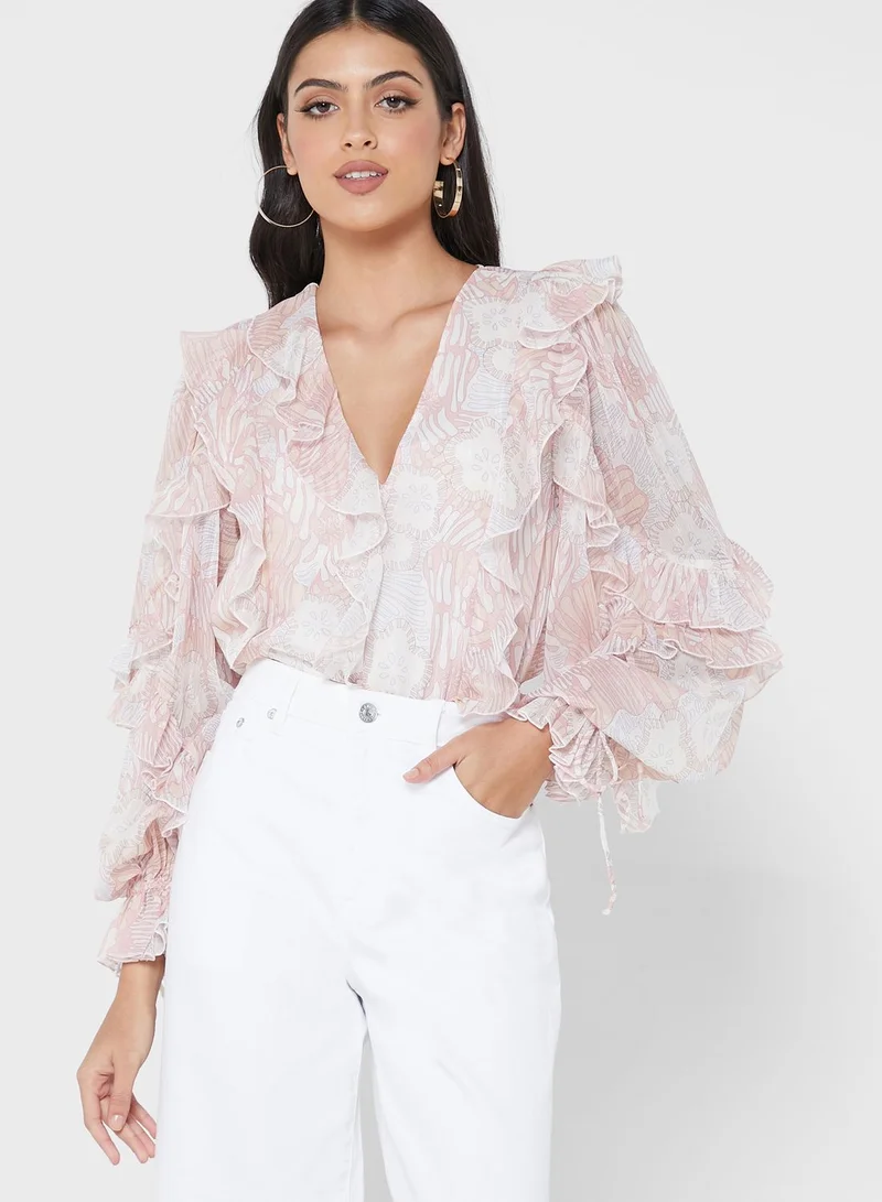 Ted Baker V-Neck Ruffle Detail Balloon Sleeve Top