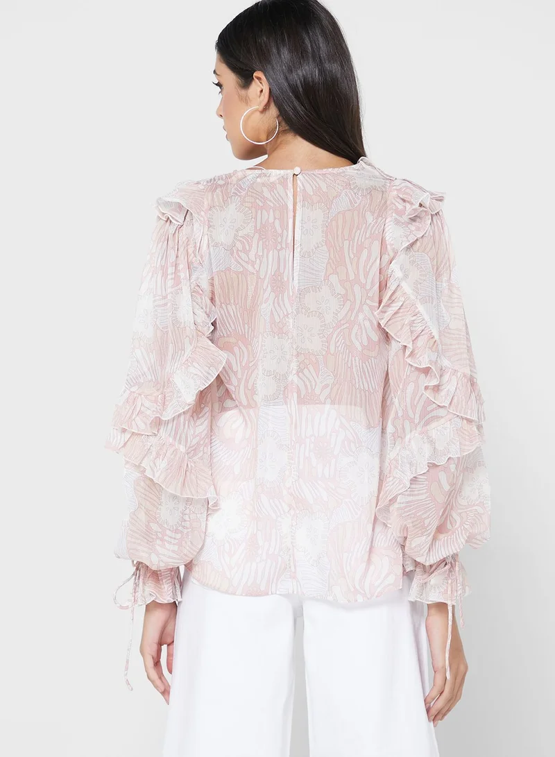 Ted Baker V-Neck Ruffle Detail Balloon Sleeve Top