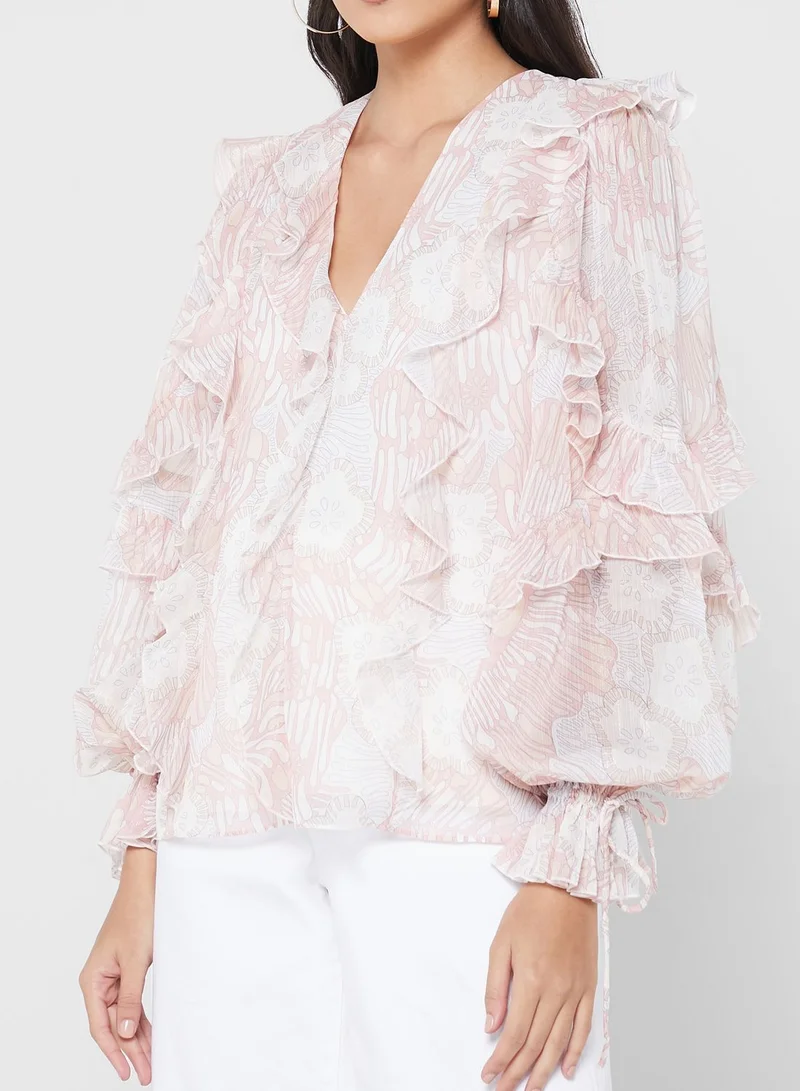 Ted Baker V-Neck Ruffle Detail Balloon Sleeve Top
